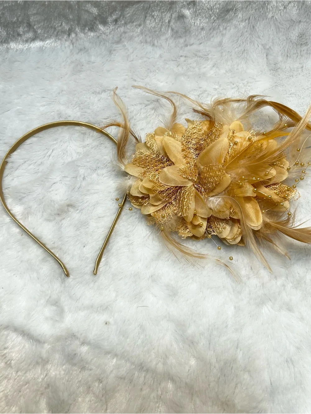 Gold Floral Fascinator Wedding Prom Party Hair Clip Head Piece W/Beads Feathers